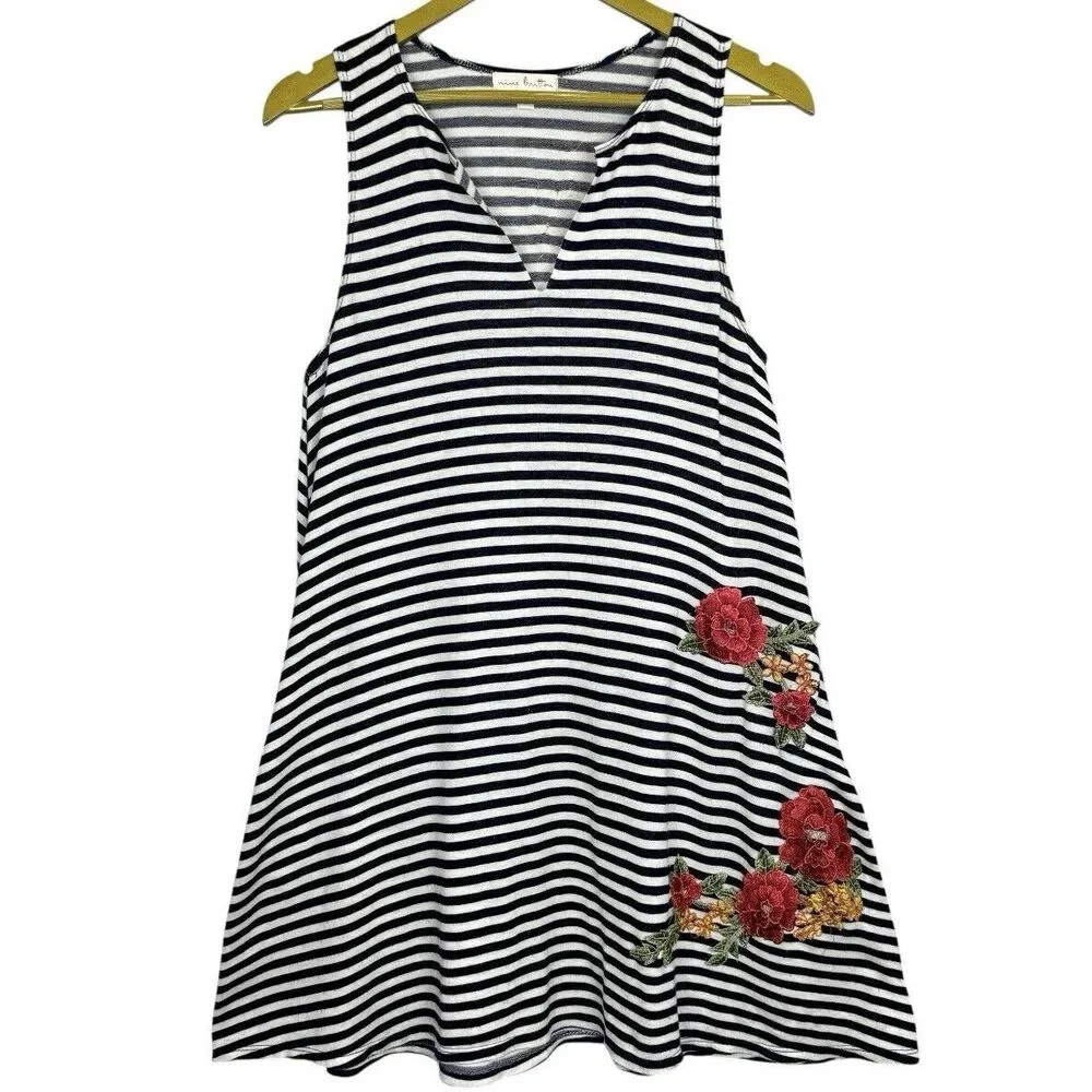 Y2K Floral Embroidered Midi Dress Size S Striped Lagenlook Beachy Boho Romantic